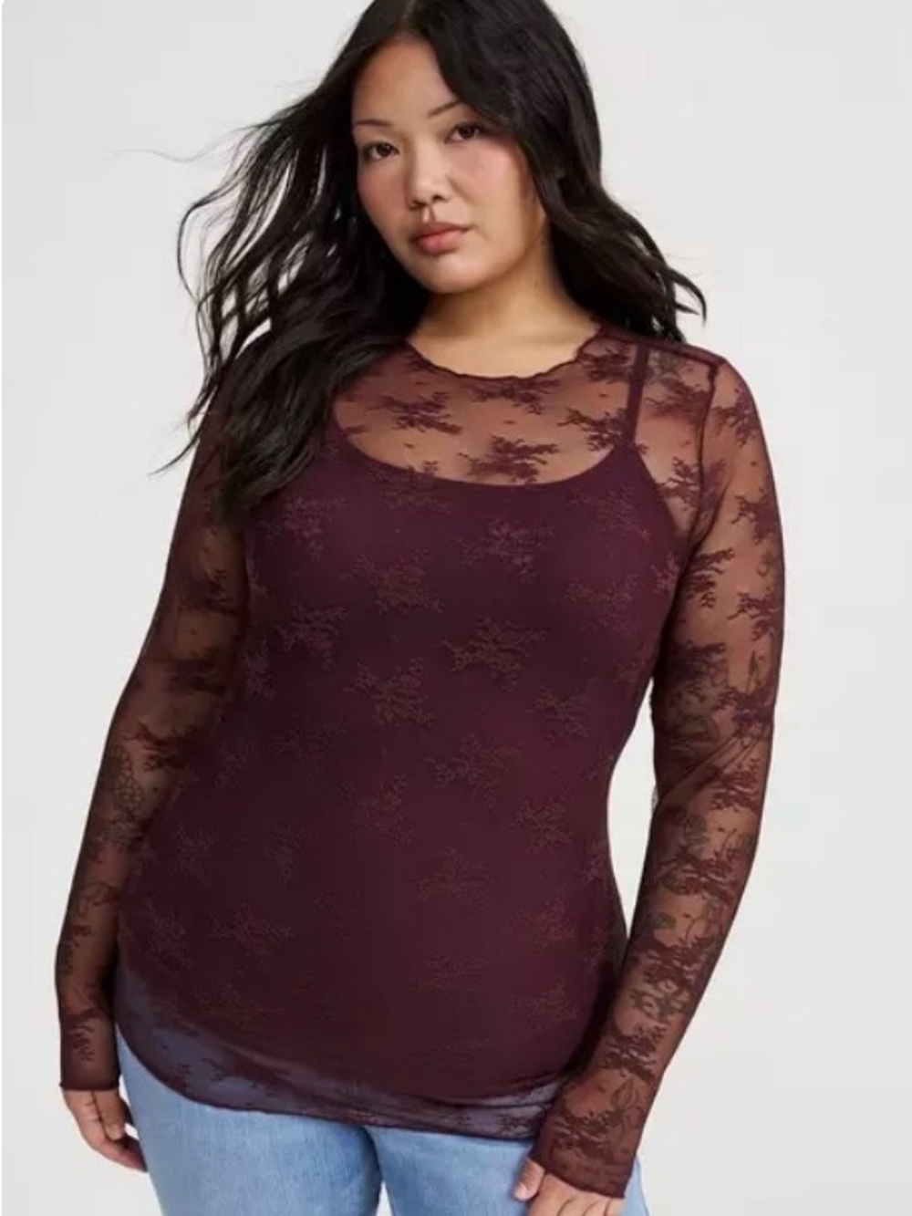 NWT Torrid Sheer Lace Crew Neck Long Sleeve Top